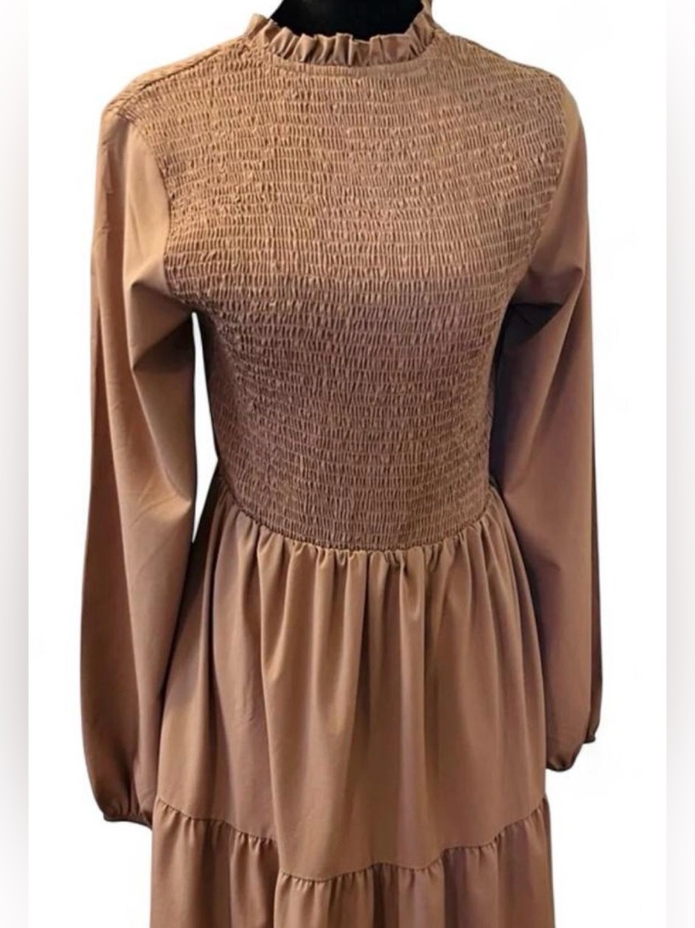 Women's Smocked Tiered Long-Sleeve Dress - Brown